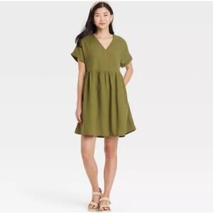Universal Thread Olive V Neck Babydoll Tunic Mini Dress Size S Linen Pockets